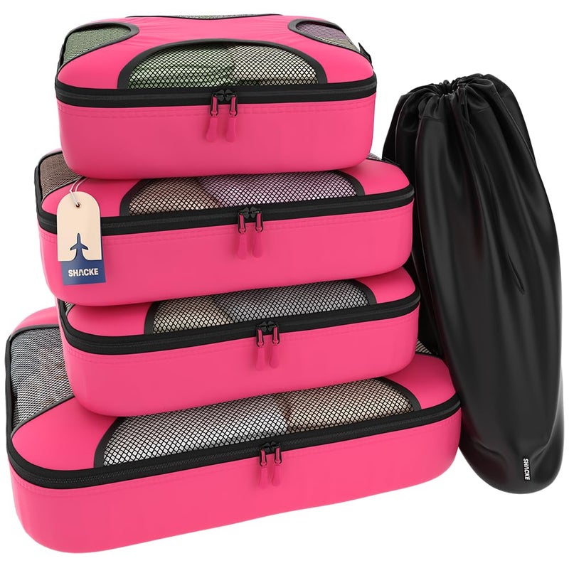 Shacke Premium 5 Packing Cubes Set - Lightweight Mesh Travel Luggage Organizers with Laundry Bag, 5-Piece Suitcase Storage System (Precious Pink) - Image 1